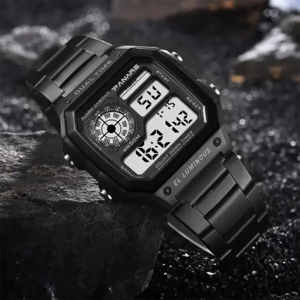 PANARS - Reloj deportivo de lujo para hombre, con correa de acero inoxidable, resistente al agua, con luz de fondo, digital, alarma - Imagen 5