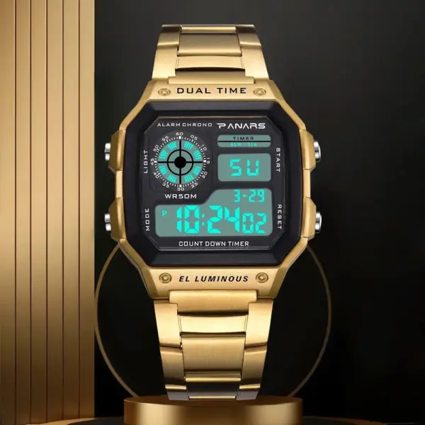 PANARS - Reloj deportivo de lujo para hombre, con correa de acero inoxidable, resistente al agua, con luz de fondo, digital, alarma - Imagen 4