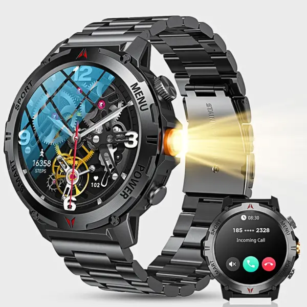 Nuevo reloj inteligente para hombre y mujer, con linterna LED, resistente al agua IP68, más de 100 modos deportivos, rastreador de actividad física, marco de metal, reloj inteligente para exteriores