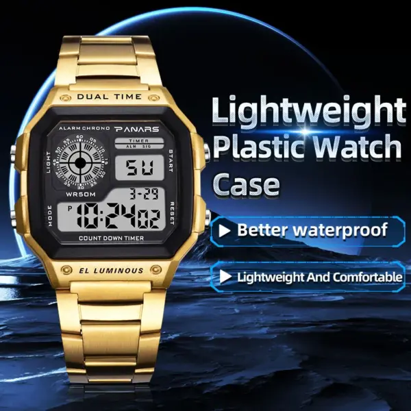 PANARS - Reloj deportivo de lujo para hombre, con correa de acero inoxidable, resistente al agua, con luz de fondo, digital, alarma - Imagen 2