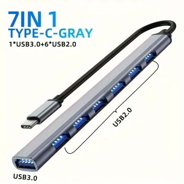 Concentrador USB C Hub USB 3.0, extensor USB 7 en 1 de aluminio, divisor USB con USB 3.0, 4 puertos USB 2.0 y 2 puertos USB C Distribuidor USB - Imagen 8