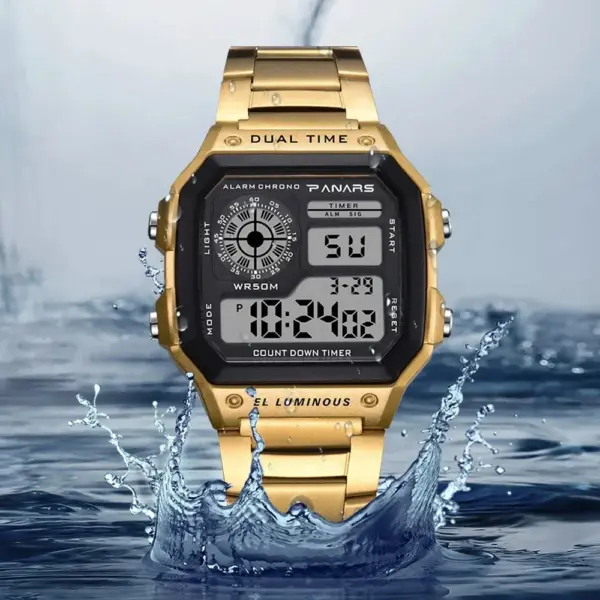 PANARS - Reloj deportivo de lujo para hombre, con correa de acero inoxidable, resistente al agua, con luz de fondo, digital, alarma - Imagen 3