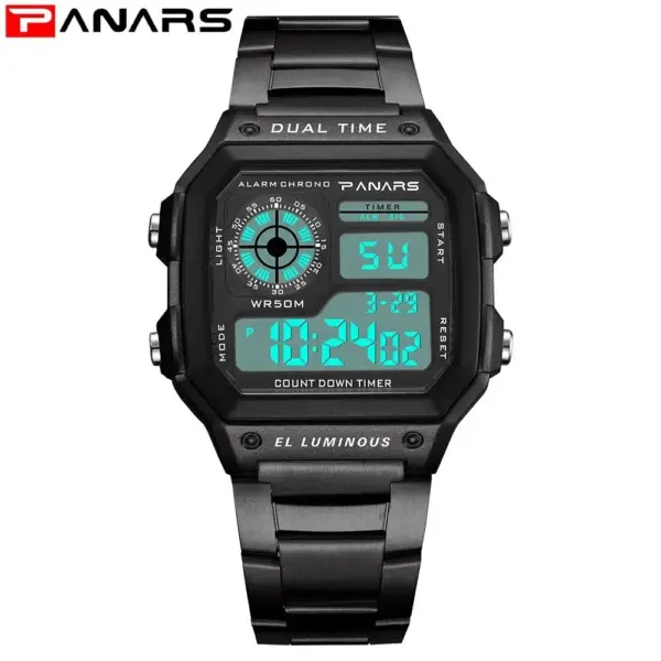 PANARS - Reloj deportivo de lujo para hombre, con correa de acero inoxidable, resistente al agua, con luz de fondo, digital, alarma - Imagen 6