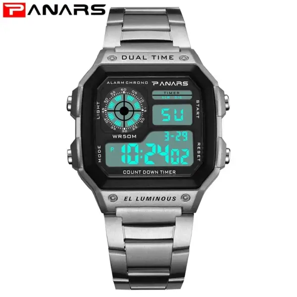 PANARS - Reloj deportivo de lujo para hombre, con correa de acero inoxidable, resistente al agua, con luz de fondo, digital, alarma - Imagen 7